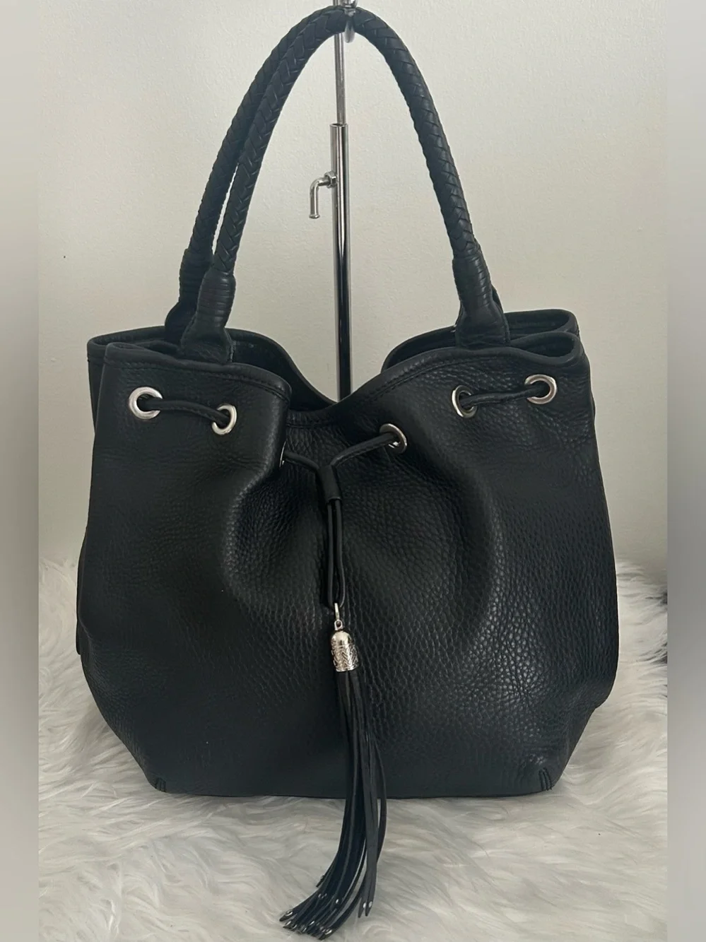 Cole Haan Black Pebbled Leather Bucket Bag Drawstring Tassel Braided Handle Tote
